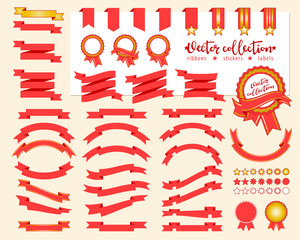 Collection of decorative design elements - ribbons, stickers, labels, frames. Vector illustrations of gift and accessory