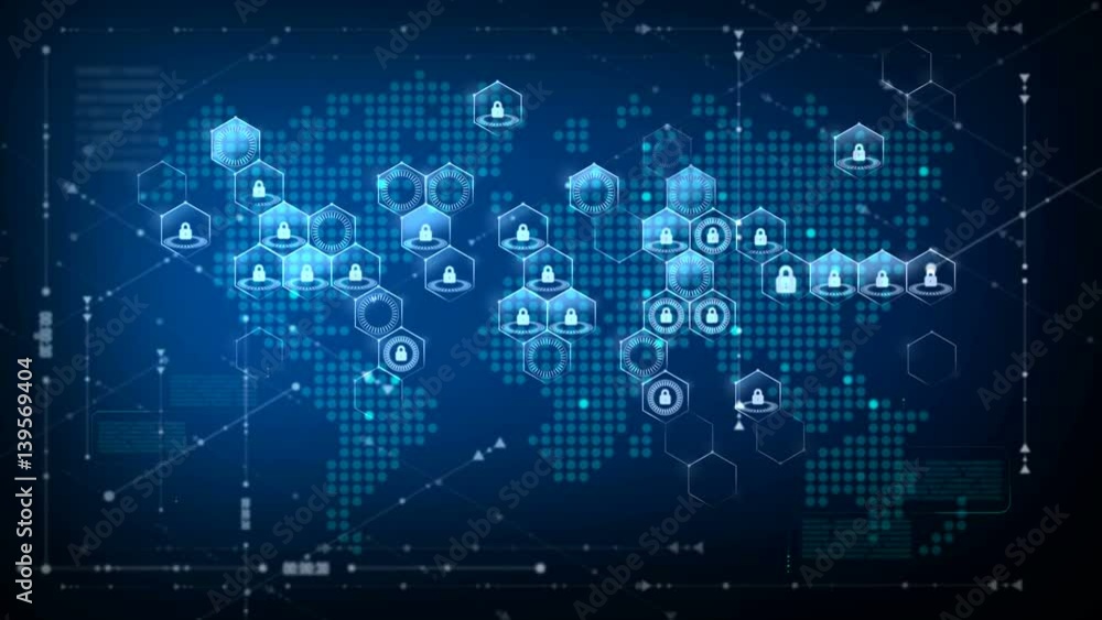 Poster world map with honeycomb grid and lock security and futuristic concept