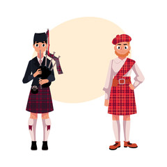 Two Scottish men in national clothes, tartan beret and kilt, cartoon vector illustration with place for text. Full length portrait of Scottish men in tartan and kilt, piper playing bagpipe