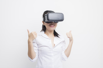 Technology series: Asian woman wearing VR glasses against white background
