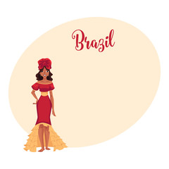 Young woman in top and ruffled skirt, barefoot Brazilian samba dancer, cartoon vector illustration with place for text. Brazilian woman in samba dancer suit, carnival, party clothing