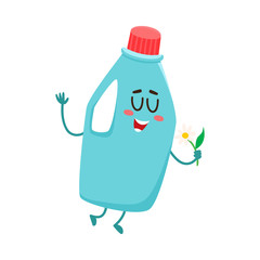 Funny detergent bottle character with smiling human face holding a flower, cartoon vector illustration isolated on white background. Smiling detergent bottle character, house cleaning concept