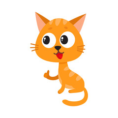 Cute and funny red cat character sitting and showing thumb up, cartoon vector illustration isolated on white background. Cute and funny red cat character with big eyes giving thumb up
