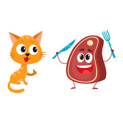 Funny red cat, kitten character looking at meat, steak holding fork and knife, cartoon vector illustration isolated on white background. Funny red cat, kitten character and piece of steak