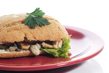 Healthy chicken and mushroom sandwich on red plate over white background