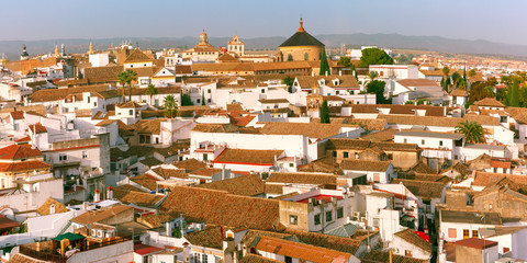 Fototapeta na wymiar Roof of the old city, panoramic aerial view from the bell tower at the Mezquita - Catedral de Cordoba, Andalusia, Spain