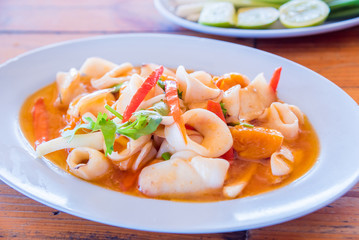 Fried Squid with salted egg sauce on dish