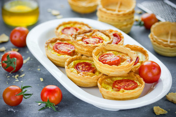 Cheese tomato tartlets , mini-pizzas with cheese and cherry tomatoes