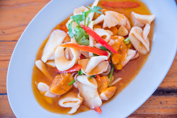 Fried Squid with salted egg sauce on dish