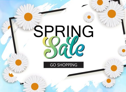 Spring sale vector banner with flowers and frame.