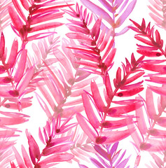 Naklejka premium Seamless pattern with bright pink palm leaves painted in watercolor on white isolated background