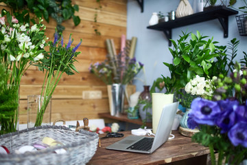 Interior of flower shop and workplace of florist