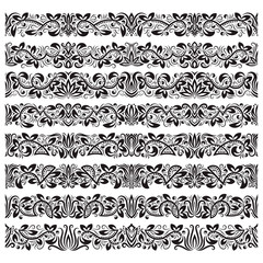 Set of vintage border brushes templates. Baroque floral elements for frames design and page decorations.