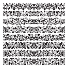 Set of vintage border brushes templates. Baroque floral elements for frames design and page decorations.