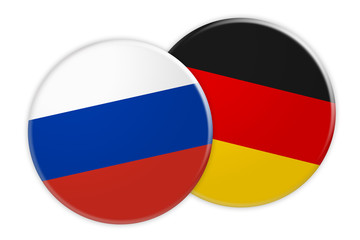 Fototapeta premium Politics News Concept: Russia Flag Button On Germany Flag Button, 3d illustration on white background