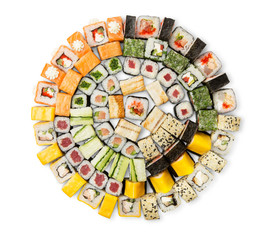 Set of sushi, maki and rolls isolated on white background