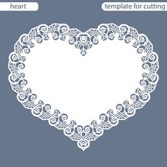 Greeting card with openwork border, paper doily under the cake, template for cutting in the form of heart, valentine card,  wedding invitation, decorative plate is laser cut,  vector illustrations.