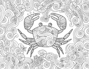 Coloring page. Ornate crab and sea wave curl background.