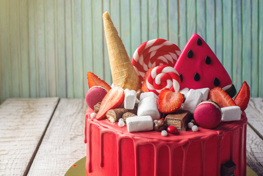 Beautiful holiday red dessert cake with strawberries and watermelon - Powered by Adobe