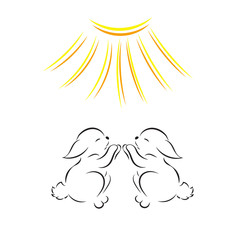 Vector image silhouettes of two cute rabbits under bright sun isolated on white background