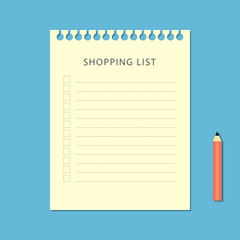 Flat shopping list and pencil on blue background - obrazy, fototapety, plakaty