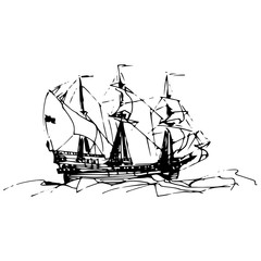 Sailing galleon ship in the ocean in ink line style. Vector hand sketched old warship. Marine theme design.