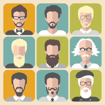 Vector set of different man with beards and moustache app icons in flat style.