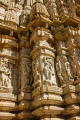 Close up view of carvings, Kirti Stambha, Chittorgarh Fort, Rajasthan, India