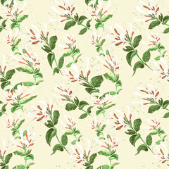 Fototapeta na wymiar Branch honeysuckle.Watercolor. Seamless pattern. Branches. medicinal, perfumery and cosmetic plants. Wallpaper. Use printed materials, signs, posters, postcards, packaging.