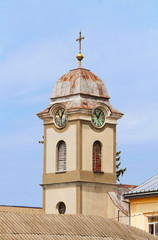 View of tower with clock of Saint Anna's roman catholic church (1802), Khust, Ukraine