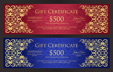 Luxury red and blue gift certificate with vintage golden ornament pattern