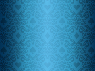 Blue background with poker symbols surrounded by floral ornament pattern