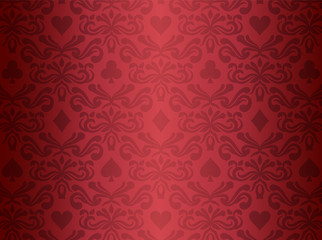 Red background with poker symbols surrounded by floral ornament pattern