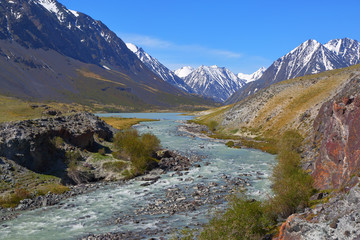 Beautiful mountain landscape with river in Altay