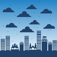 Urban night scene cityscape with cloudy and starry silhouette background