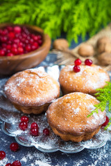Fresh baked muffins and cranberry berries for breakfast calorie dessert on a dark background