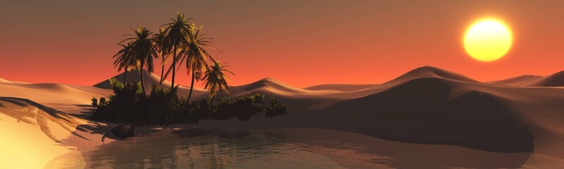 Fototapeta na wymiar The beautiful panorama of the oasis in the desert sand, 3d rendering