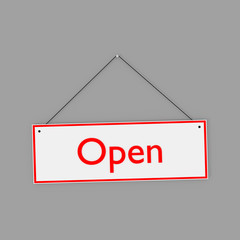 We are open. Sign board with word OPEN. Red text on white signboard, isolated 3D illustration. © 3dillustrations