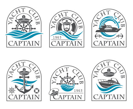 nautical collection of emblems with sea captain for yacht club
