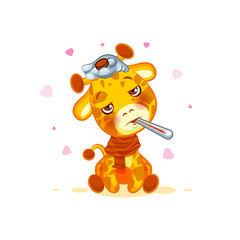 Naklejka premium Emoji character cartoon Giraffe sick with thermometer in mouth sticker emoticon