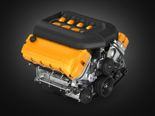 Automotive engine gearbox assembly on black gradient background 3D