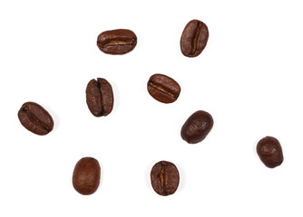 pile coffee beans isolated on white background and texture, top view
