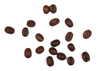 pile coffee beans isolated on white background and texture, top view
