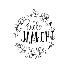 Hello March postcard, card, invitation, flyer, banner.