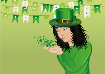 Wow! Happy girl in a hat and suit clover blows with their hands. Card for St. Patrick's Day. 