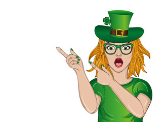 The girl in national costume and hat on St. Patrick's Day with clover. 