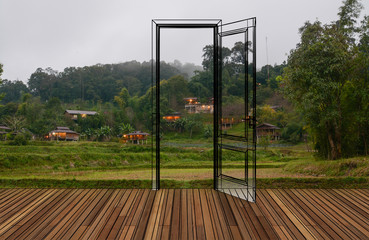 Landscape behind the opening door,3D
