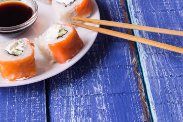 Philadelphia Maki Sushi made of Fresh Raw Salmon, Cream Cheese and Cucumber