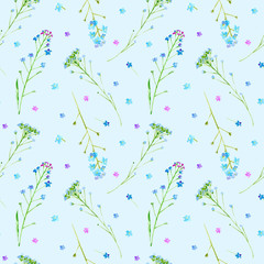 Floral seamless pattern of a forget-me-not flowers.Watercolor hand drawn illustration.Blue background.