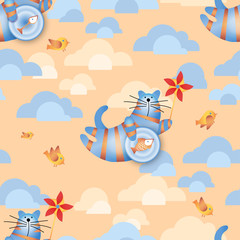 Obraz na płótnie Canvas Cat. Seamless pattern. Vector image of cat toys in flight across the sky. Template for printing onto fabric, textiles, packaging paper.